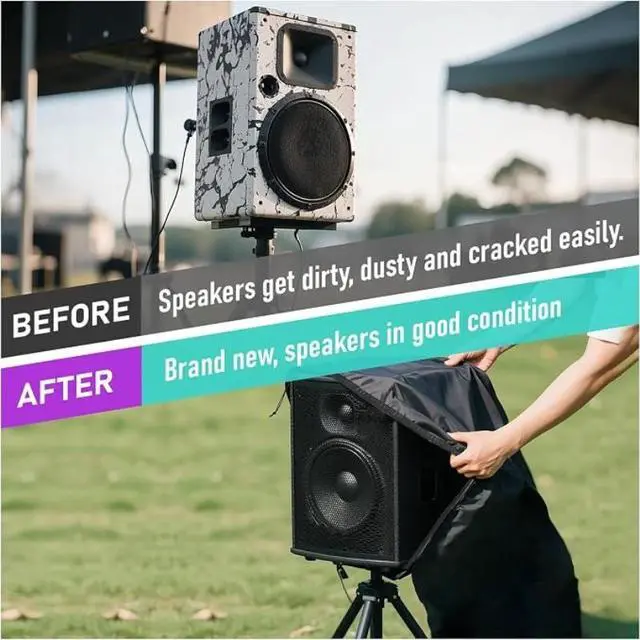 Alt view image 7 of 7 - Black StandMount Speaker Protective Cover, Weatherproof Oxford Fabric Speaker Cover with Adjustable Drawstring, Dust Rain UV Resistant for Outdoor Stage Patio Speakers