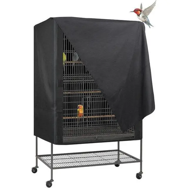 Alt view image 2 of 5 - Black Bird Cage Cover with Front Access Flap, Lightlocking Breathable Oxford Fabric Parrot Cage Shade Cover, Wind Dust Protection for Cockatiel Parakeet Lovebird Large Birdcages