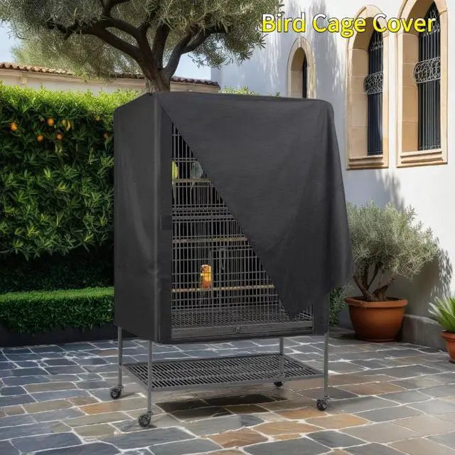 Alt view image 5 of 5 - Black Bird Cage Cover with Front Access Flap, Lightlocking Breathable Oxford Fabric Parrot Cage Shade Cover, Wind Dust Protection for Cockatiel Parakeet Lovebird Large Birdcages