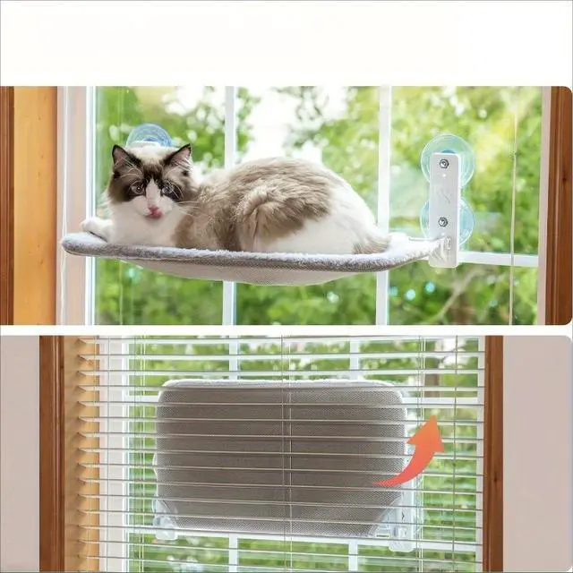 Alt view image 2 of 6 - Strong Suction Cup Cat Window Hammock with Sturdy Iron Frame, Foldable Grey Indoor Cat Window Seat Bed, Hanging Rest Lounge for Pet Cats