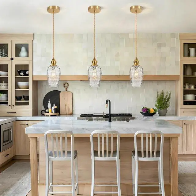 Alt view image 2 of 5 - Gold Brass Pendant Light, Textured WaterRipple Hammered Glass Shade Hanging Ceiling Lamp, Vintage Mini Pendant Lighting for Kitchen Sink, Cafe, Bar Counter