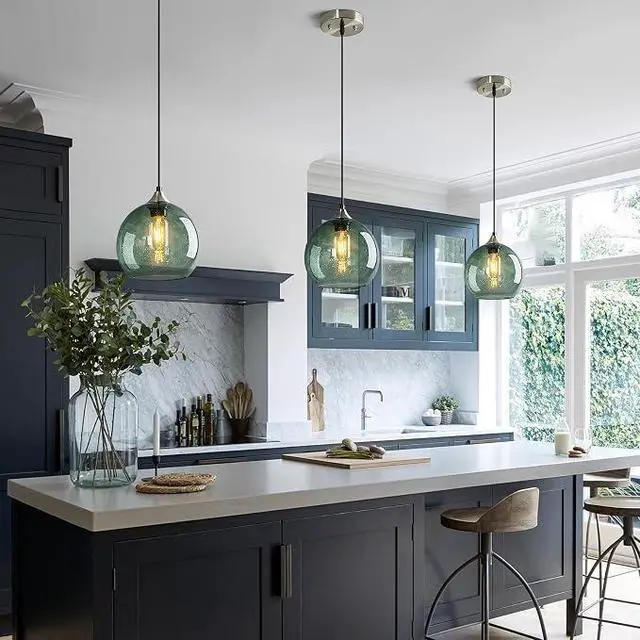 Alt view image 4 of 5 - Green Gradient Glass Globe Pendant Light, Matte Black Finish Modern Hanging Ceiling Lamp, Adjustable Cord Mini Pendant Lighting for Kitchen Sink, Bar Counter, Hallway, Cafe