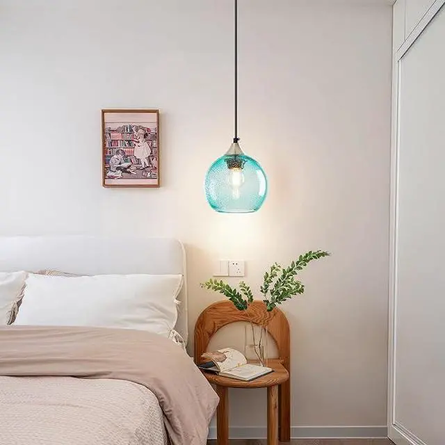 Alt view image 2 of 6 - Blue Gradient Glass Globe Pendant Light, Matte Black Finish Modern Hanging Ceiling Lamp, Adjustable Cord Mini Pendant Lighting for Kitchen Sink, Bar Counter, Hallway, Cafe