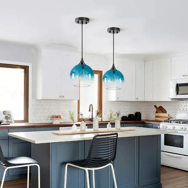 Alt view image 4 of 6 - Blue Gradient Glass Globe Pendant Light, Matte Black Finish Modern Hanging Ceiling Lamp, Adjustable Cord Mini Pendant Lighting for Kitchen Sink, Bar Counter, Hallway, Cafe
