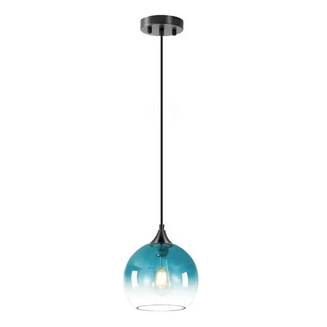 Alt view image 5 of 6 - Blue Gradient Glass Globe Pendant Light, Matte Black Finish Modern Hanging Ceiling Lamp, Adjustable Cord Mini Pendant Lighting for Kitchen Sink, Bar Counter, Hallway, Cafe