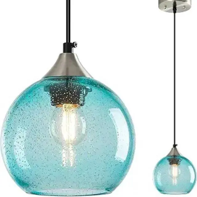 Alt view image 6 of 6 - Blue Gradient Glass Globe Pendant Light, Matte Black Finish Modern Hanging Ceiling Lamp, Adjustable Cord Mini Pendant Lighting for Kitchen Sink, Bar Counter, Hallway, Cafe