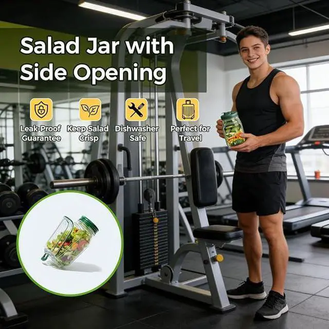 Alt view image 5 of 7 - Portable Salad Cup with Fork, LeakProof Clear Food Storage Container with Green Lid, Reusable Meal Prep Jar for Salad, Yogurt Parfait, Oatmeal, Fruit, OntheGo Lunch Box for Work & Picnic