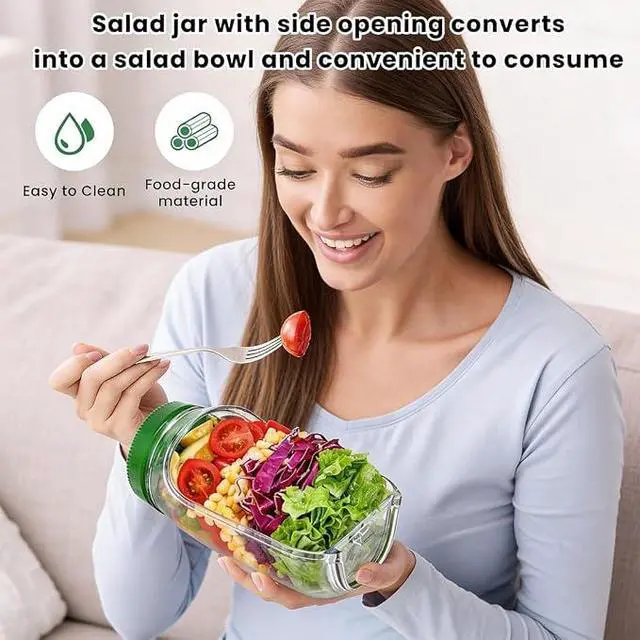 Alt view image 3 of 7 - Portable Salad Cup with Fork, LeakProof Clear Food Storage Container with Green Lid, Reusable Meal Prep Jar for Salad, Yogurt Parfait, Oatmeal, Fruit, OntheGo Lunch Box for Work & Picnic