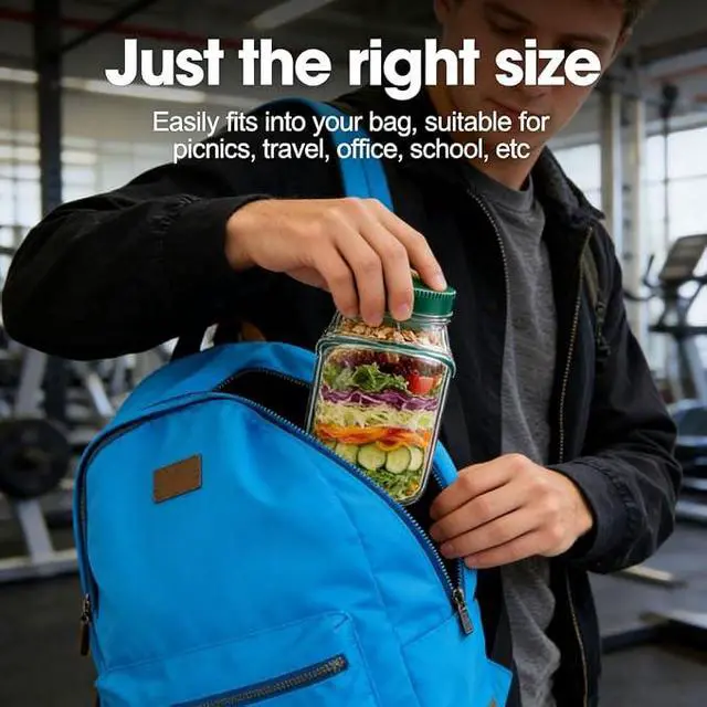Alt view image 2 of 7 - Portable Salad Cup with Fork, LeakProof Clear Food Storage Container with Green Lid, Reusable Meal Prep Jar for Salad, Yogurt Parfait, Oatmeal, Fruit, OntheGo Lunch Box for Work & Picnic