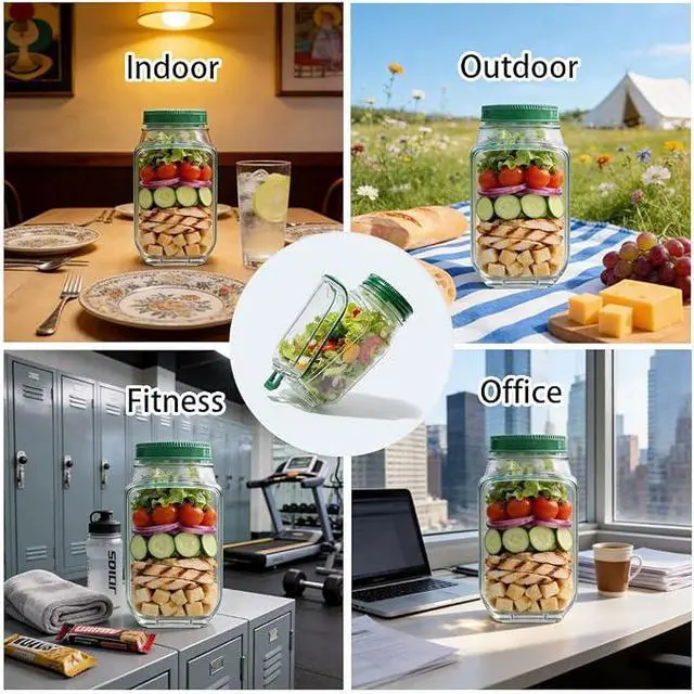 Alt view image 6 of 7 - Portable Salad Cup with Fork, LeakProof Clear Food Storage Container with Green Lid, Reusable Meal Prep Jar for Salad, Yogurt Parfait, Oatmeal, Fruit, OntheGo Lunch Box for Work & Picnic