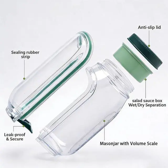 Alt view image 7 of 7 - Portable Salad Cup with Fork, LeakProof Clear Food Storage Container with Green Lid, Reusable Meal Prep Jar for Salad, Yogurt Parfait, Oatmeal, Fruit, OntheGo Lunch Box for Work & Picnic