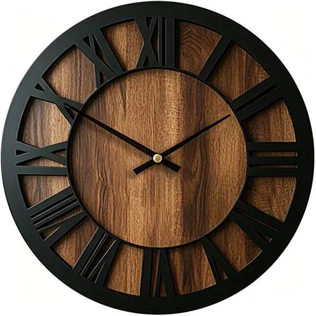 Alt view image 4 of 5 - Rustic Roman Numeral Wall Clock, 12Inch Vintage Hollow Wooden Wall Clock, Silent NonTicking Decorative Wall Clock for Living Room, Kitchen, Farmhouse Home Decor