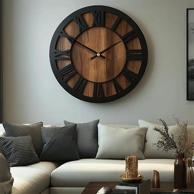 Alt view image 5 of 5 - Rustic Roman Numeral Wall Clock, 12Inch Vintage Hollow Wooden Wall Clock, Silent NonTicking Decorative Wall Clock for Living Room, Kitchen, Farmhouse Home Decor