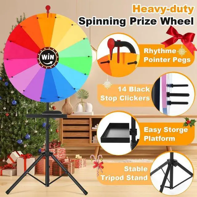 Alt view image 2 of 6 - Height Adjustable 24 Inch Spinning Prize Wheel (37-65 Inch), Foldable Erasable Lucky Game Wheel with Stand, 14 Colors Tabletop Spinner for Carnival, Trade Show and Family Party