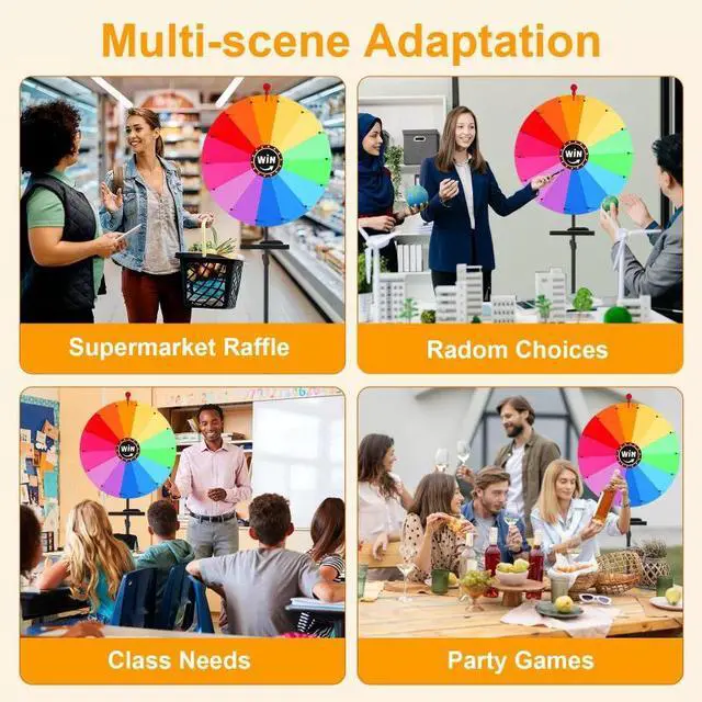 Alt view image 3 of 6 - Height Adjustable 24 Inch Spinning Prize Wheel (37-65 Inch), Foldable Erasable Lucky Game Wheel with Stand, 14 Colors Tabletop Spinner for Carnival, Trade Show and Family Party