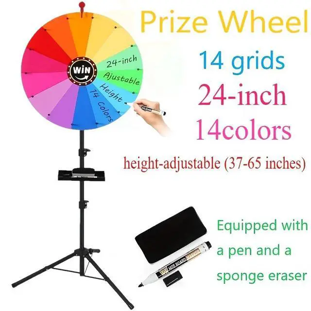 Alt view image 4 of 6 - Height Adjustable 24 Inch Spinning Prize Wheel (37-65 Inch), Foldable Erasable Lucky Game Wheel with Stand, 14 Colors Tabletop Spinner for Carnival, Trade Show and Family Party