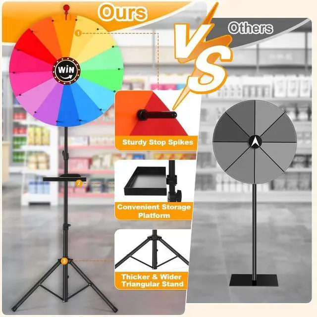 Alt view image 6 of 6 - Height Adjustable 24 Inch Spinning Prize Wheel (37-65 Inch), Foldable Erasable Lucky Game Wheel with Stand, 14 Colors Tabletop Spinner for Carnival, Trade Show and Family Party