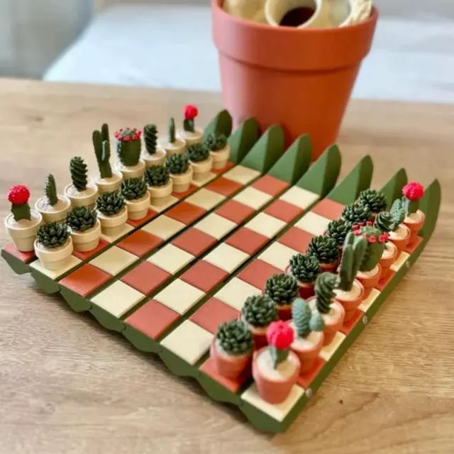 Alt view image 3 of 5 - Creative Cactus Pot Chess Set, Foldable Portable Chess Board with Cactus Succulent Pieces, Decorative Desk Chess Game for Home, Office, Travel, Unique Gift for Chess Lovers