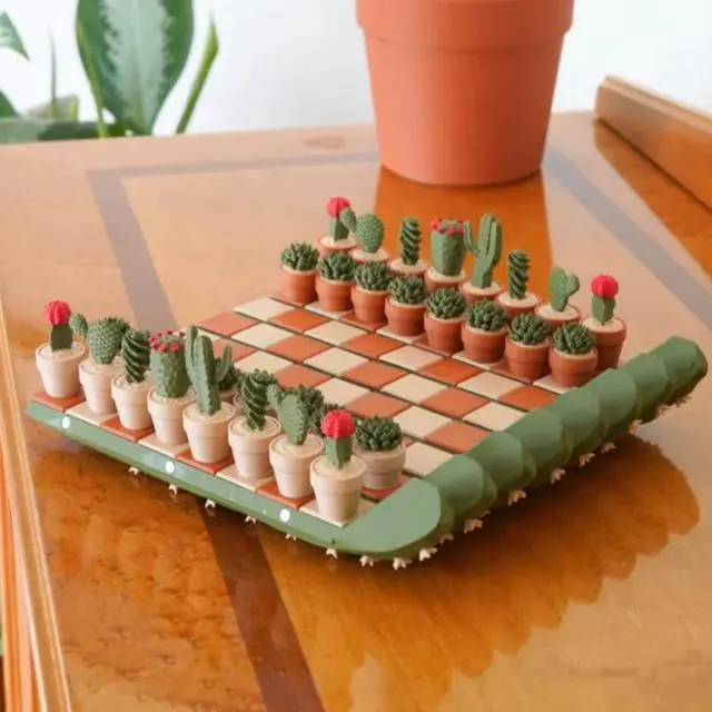 Alt view image 4 of 5 - Creative Cactus Pot Chess Set, Foldable Portable Chess Board with Cactus Succulent Pieces, Decorative Desk Chess Game for Home, Office, Travel, Unique Gift for Chess Lovers