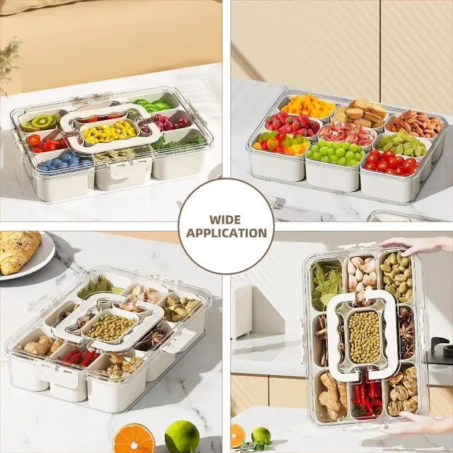Alt view image 2 of 5 - Divided Snack Box with Handle, Portable Compartment Food Storage Container, Reusable Divided Serving Tray with Lid for Fruit, Nut, Snack, Picnic, Travel, Party