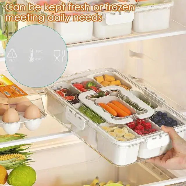 Alt view image 3 of 5 - Divided Snack Box with Handle, Portable Compartment Food Storage Container, Reusable Divided Serving Tray with Lid for Fruit, Nut, Snack, Picnic, Travel, Party