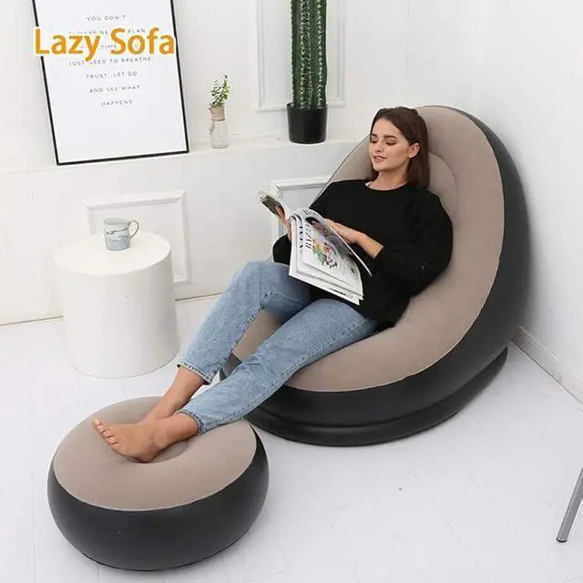 Alt view image 2 of 5 - Inflatable Lazy Sofa Chair with Foot Stool, Flocking Ergonomic Inflatable Lounge Chair, Portable Air Sofa with Ottoman for Living Room, Bedroom & Outdoor Relaxation
