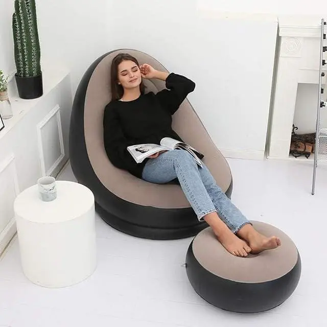 Alt view image 3 of 5 - Inflatable Lazy Sofa Chair with Foot Stool, Flocking Ergonomic Inflatable Lounge Chair, Portable Air Sofa with Ottoman for Living Room, Bedroom & Outdoor Relaxation