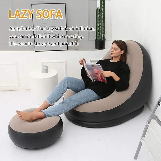 Alt view image 4 of 5 - Inflatable Lazy Sofa Chair with Foot Stool, Flocking Ergonomic Inflatable Lounge Chair, Portable Air Sofa with Ottoman for Living Room, Bedroom & Outdoor Relaxation