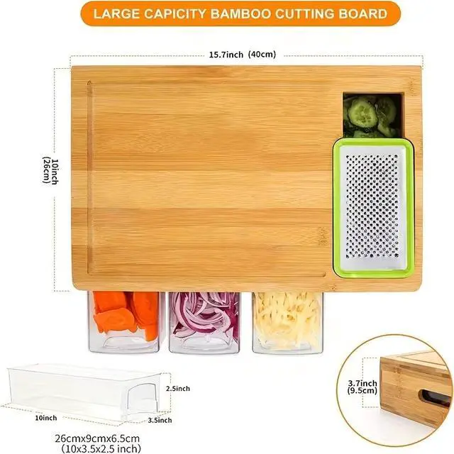 Alt view image 2 of 6 - MultiPurpose Bamboo Cutting Board with Removable Storage Trays, Interchangeable Grater Blades Included, SpaceSaving Food Preparation Board for Home Kitchen