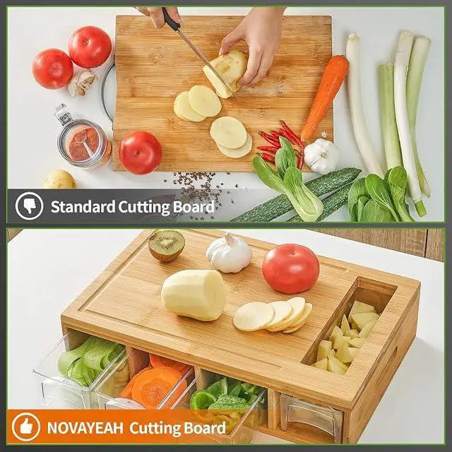 Alt view image 3 of 6 - MultiPurpose Bamboo Cutting Board with Removable Storage Trays, Interchangeable Grater Blades Included, SpaceSaving Food Preparation Board for Home Kitchen