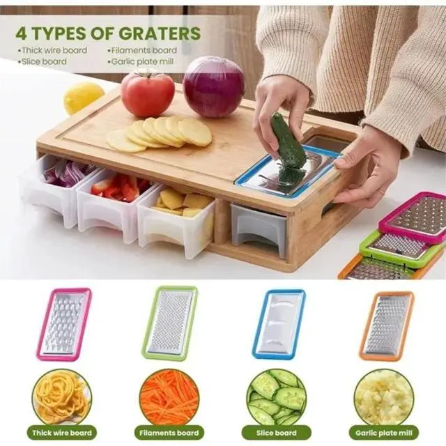 Alt view image 6 of 6 - MultiPurpose Bamboo Cutting Board with Removable Storage Trays, Interchangeable Grater Blades Included, SpaceSaving Food Preparation Board for Home Kitchen