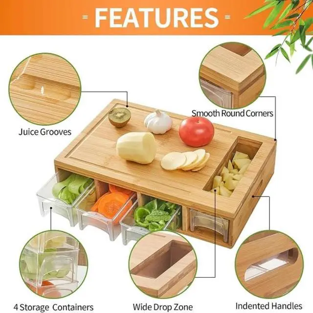 Alt view image 5 of 6 - MultiPurpose Bamboo Cutting Board with Removable Storage Trays, Interchangeable Grater Blades Included, SpaceSaving Food Preparation Board for Home Kitchen