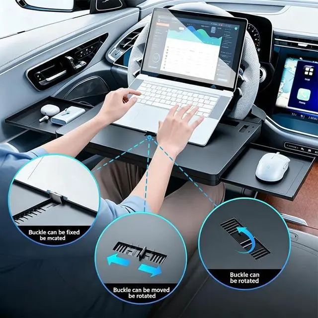 Alt view image 3 of 7 - 4-in-1 Large Car Steering Wheel Desk, Durable PC Vehicle Tray with Laptop Stand, Tablet Slot and Dual Drink Holders, Multifunctional Car Seat Work Table