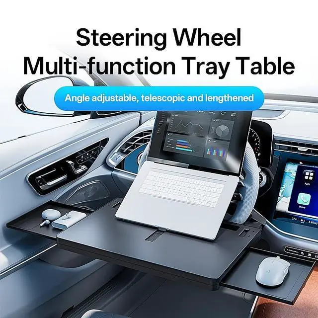 Alt view image 2 of 7 - 4-in-1 Large Car Steering Wheel Desk, Durable PC Vehicle Tray with Laptop Stand, Tablet Slot and Dual Drink Holders, Multifunctional Car Seat Work Table
