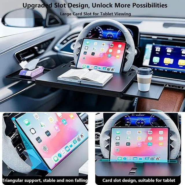 Alt view image 5 of 7 - 4-in-1 Large Car Steering Wheel Desk, Durable PC Vehicle Tray with Laptop Stand, Tablet Slot and Dual Drink Holders, Multifunctional Car Seat Work Table