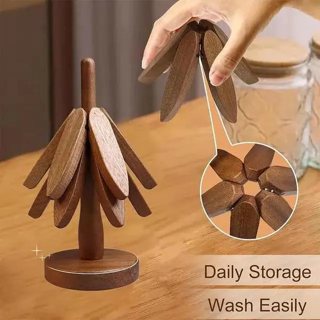 Alt view image 5 of 7 - TreeShaped Wooden Trivet Set, Decorative Wooden Hot Pot Coasters with Display Stand, Stackable Wood Heat Resistant Pads for Table Protection