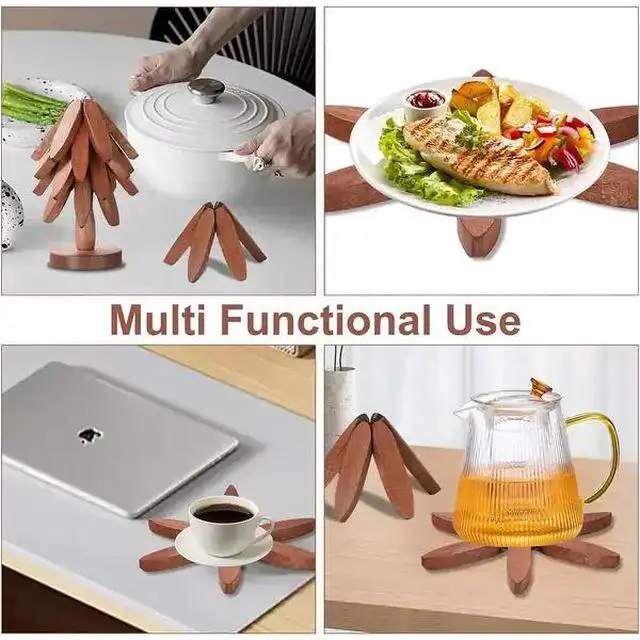 Alt view image 6 of 7 - TreeShaped Wooden Trivet Set, Decorative Wooden Hot Pot Coasters with Display Stand, Stackable Wood Heat Resistant Pads for Table Protection