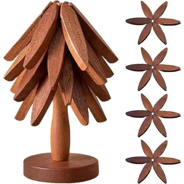 Alt view image 7 of 7 - TreeShaped Wooden Trivet Set, Decorative Wooden Hot Pot Coasters with Display Stand, Stackable Wood Heat Resistant Pads for Table Protection
