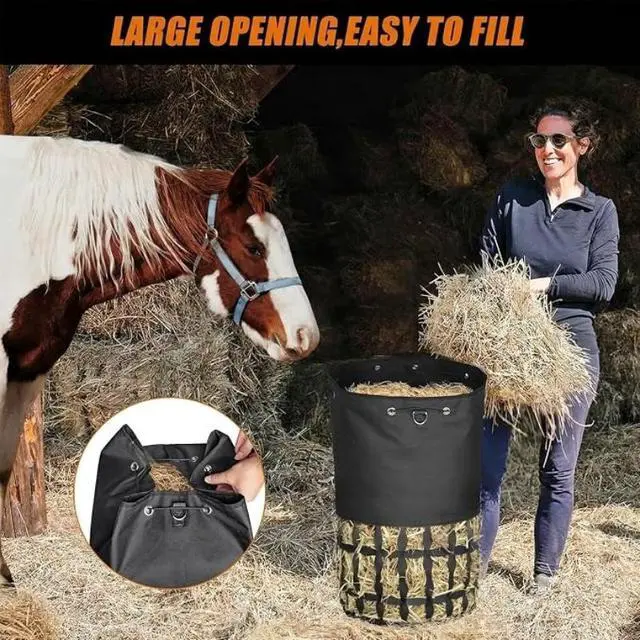Alt view image 3 of 6 - Cylindrical Slow Feed Hay Net Bag, Large Capacity Horse Hay Feeder with Wide Drawstring Opening & Adjustable Hanging Straps, Feeding Bag for Horses, Goats & Donkeys
