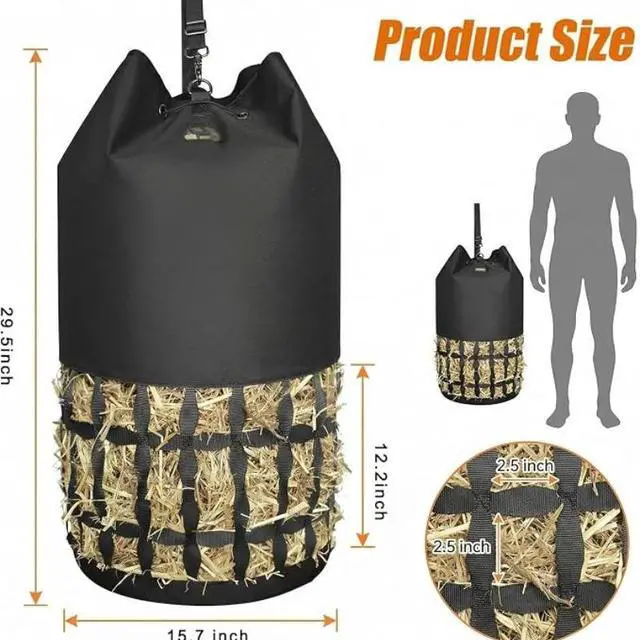 Alt view image 4 of 6 - Cylindrical Slow Feed Hay Net Bag, Large Capacity Horse Hay Feeder with Wide Drawstring Opening & Adjustable Hanging Straps, Feeding Bag for Horses, Goats & Donkeys
