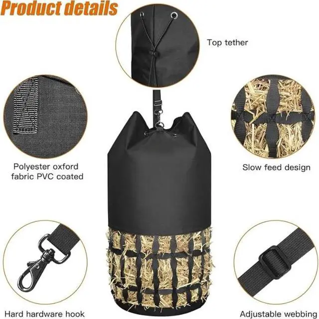 Alt view image 5 of 6 - Cylindrical Slow Feed Hay Net Bag, Large Capacity Horse Hay Feeder with Wide Drawstring Opening & Adjustable Hanging Straps, Feeding Bag for Horses, Goats & Donkeys