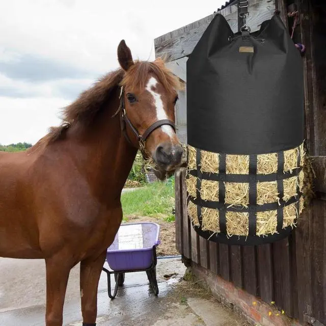 Alt view image 6 of 6 - Cylindrical Slow Feed Hay Net Bag, Large Capacity Horse Hay Feeder with Wide Drawstring Opening & Adjustable Hanging Straps, Feeding Bag for Horses, Goats & Donkeys