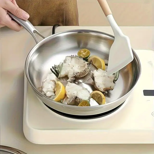 Alt view image 3 of 7 - Scratch Wear Resistant 304 Stainless Steel Frying Pan with Thickened 3-Layer Coating, 12.6 Inch Nonstick Skillet for Gas & Induction Cooktops, Ideal for Steak Vegetable Home Cooking