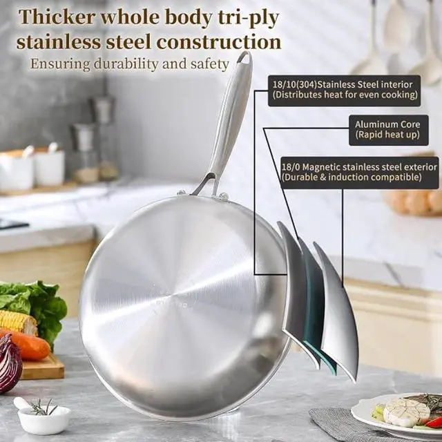 Alt view image 6 of 7 - Scratch Wear Resistant 304 Stainless Steel Frying Pan with Thickened 3-Layer Coating, 12.6 Inch Nonstick Skillet for Gas & Induction Cooktops, Ideal for Steak Vegetable Home Cooking