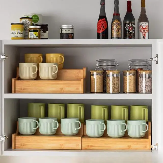 Alt view image 2 of 7 - Tabletop 2-Layer Wooden Mug Storage Rack, Wooden Coffee Cup Display Holder, Desktop Organizer for Kitchen Mugs