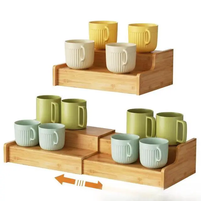Alt view image 3 of 7 - Tabletop 2-Layer Wooden Mug Storage Rack, Wooden Coffee Cup Display Holder, Desktop Organizer for Kitchen Mugs