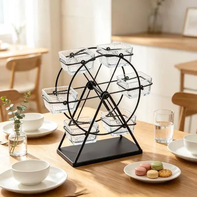 Alt view image 4 of 6 - 6 Compartments Rotating Serving Tray with 6 Wheels, Black Multifunctional Holiday Decor Tray, Decorative Table Ornament for Wedding, Party & Banquet