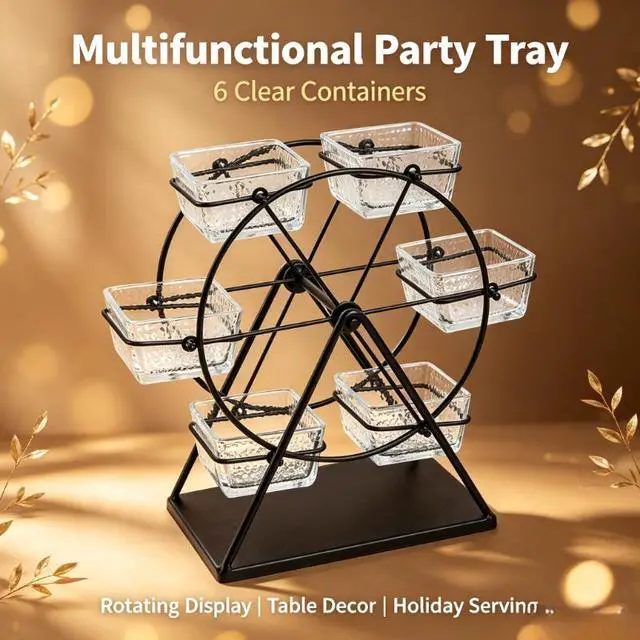 Alt view image 5 of 6 - 6 Compartments Rotating Serving Tray with 6 Wheels, Black Multifunctional Holiday Decor Tray, Decorative Table Ornament for Wedding, Party & Banquet