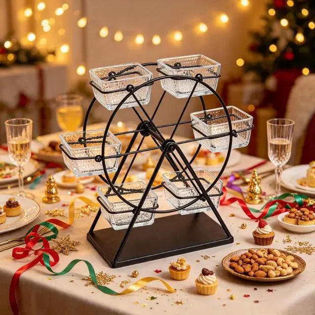 Alt view image 6 of 6 - 6 Compartments Rotating Serving Tray with 6 Wheels, Black Multifunctional Holiday Decor Tray, Decorative Table Ornament for Wedding, Party & Banquet