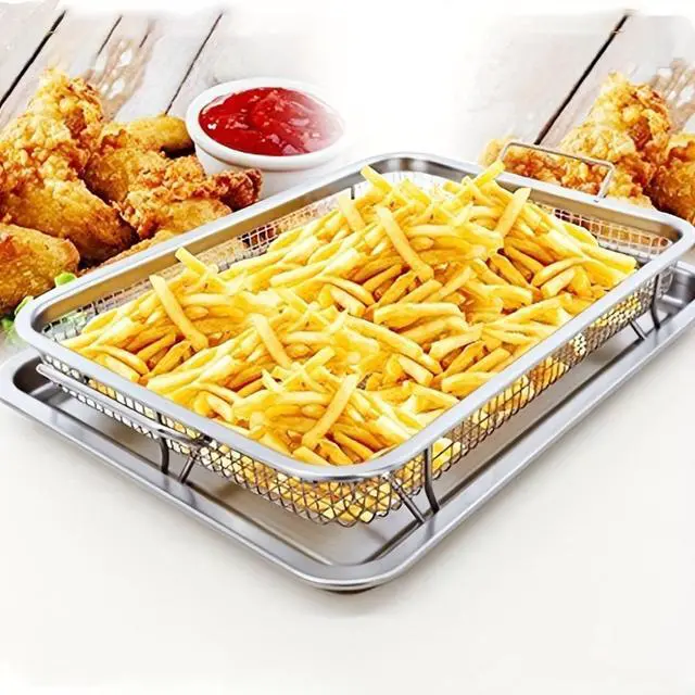 Alt view image 2 of 5 - 2Pack Stainless Steel Baking Tray with Mesh Basket, Crisper Air Fryer Basket, Rectangular Mesh Drain Basket for Oven Baking Roasting